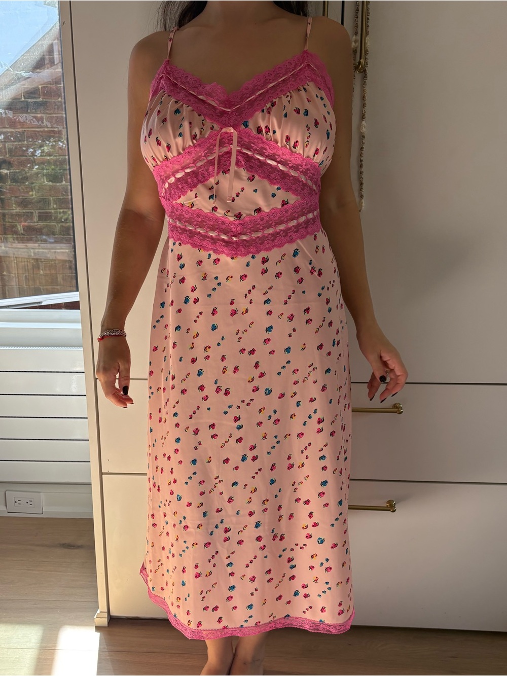 Vintage Rare Betsey Johnson Pink Floral Lace-Trim Maxi Slip Dress
